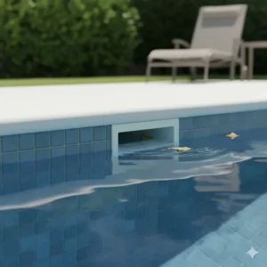 A clear image demonstrating the correct pool water level, positioned halfway up the pool skimmer opening for optimal debris suction and function.
