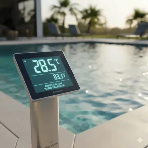 Digital thermometer display showing the perfect, comfortable pool water temperature maintained by a pool chiller.