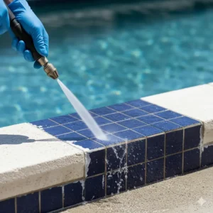 Careful use of a low-pressure washer to remove stubborn calcium scale and hard water deposits from pool tiles.