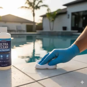 Applying a protective sealant or coating to a clean pool tile to prevent future scum buildup and mineral scaling.