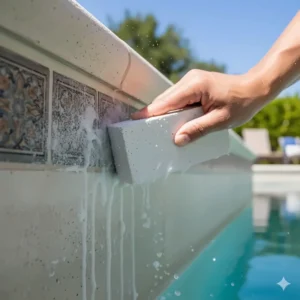 Hand-held pumice stone or cleaning pad, a heavy-duty tool for removing stubborn calcium scale and hard water deposits from plaster and ceramic pool tile.