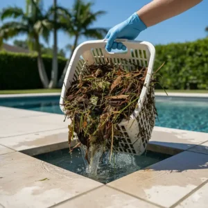 A pool owner removing a full pool skimmer basket packed with leaves and debris, highlighting the need for regular cleaning.