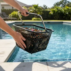 Hand removing a full skimmer basket from the mouth of an inground pool skimmer well for cleaning.
