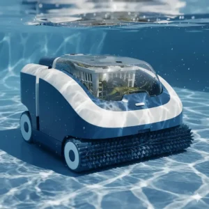 Close-up of a robotic automatic pool cleaner with brushes, designed specifically for vinyl above ground pool floors.
