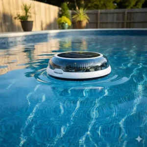 High-tech solar-powered robotic skimmer autonomously cleaning the surface of an above ground pool.