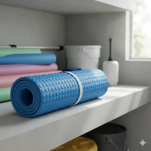 Flexible ladder mat for pools rolled up neatly for off-season storage, emphasizing its portability and ease of handling.