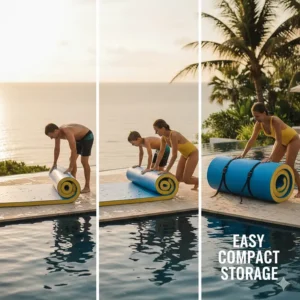 Step-by-step illustration demonstrating how to easily roll up and secure the portable floating pool mat for compact storage.