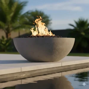 Close-up of a stylish round concrete fire bowl for pools installed on a raised pedestal next to the swimming area.