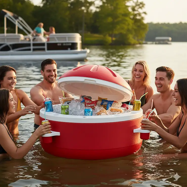 Round floating cooler, designed for group use, with easy access to drinks and snacks at a lively lake gathering.