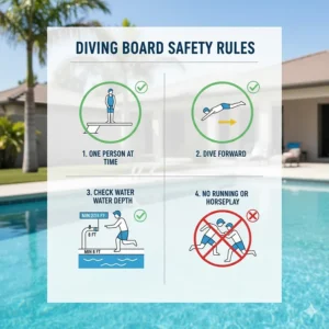 Illustrated graphic demonstrating essential safety rules for using a diving board for a pool.