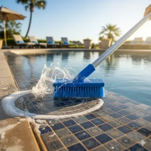 Animated image or illustration showing the proper scrubbing motion with a pool tile cleaning brush along the waterline to effectively remove grime.
