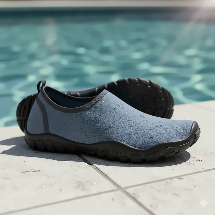 A close-up of a pair of non-slip water shoes resting on the wet, tiled edge of a pool, emphasizing safety and grip in aquatic environments.