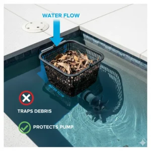 Diagram showing how a clean skimmer basket captures large debris before it can clog the pump impeller of an inground pool system.