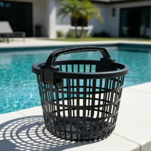 A replacement skimmer basket for inground pools with a patented locking handle to prevent it from floating up when the pump is off.