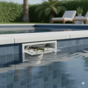 An illustration of the hinged weir door inside a pool skimmer opening and closing to regulate water flow and prevent debris from flowing back into the pool.