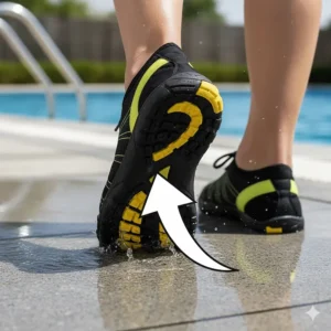A graphic showing an arrow pointing to the non-slip sole of a shoe on a wet pool deck, illustrating how they prevent slips and falls.