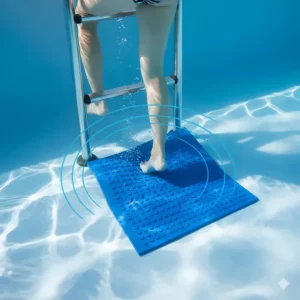Illustration showing a pool ladder mat absorbing the impact and weight of a person entering the pool, protecting the floor.