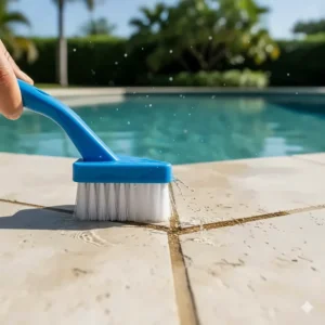 Angled, small specialized pool corner brush for scrubbing tight spaces, steps, and grout lines where a larger pool tile cleaning brush can't reach.
