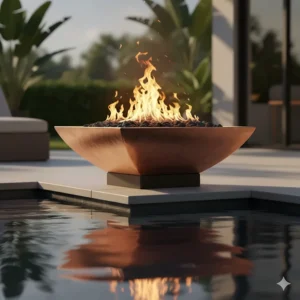 Luxurious square copper fire bowl for pools with bright flames reflecting beautifully on the water's surface.