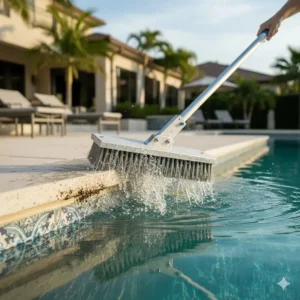 Durable stainless steel bristle pool tile cleaning brush designed specifically to aggressively remove black spot algae and tough stains from concrete pool surfaces.