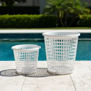Side-by-side comparison of a standard pool skimmer basket and a deep-capacity model for pools with heavy debris.
