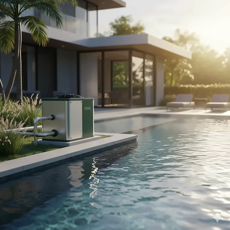 High-efficiency swimming pool chiller system installed next to a residential pool, ensuring refreshingly cool water for summer swimming.