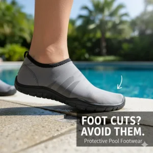 A visual representation of a foot safely stepping over a slightly broken pool tile edge while wearing protective shoes in pool environment.