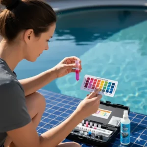 A pool owner using a test kit to check water chemistry, specifically focusing on the high calcium hardness level that causes pool tile scale.