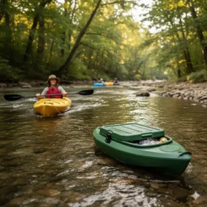 Durable, hard-sided floating cooler being easily towed behind a kayak on a river, ideal for long float trips and river tubing.