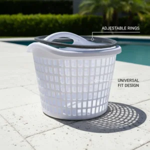 Universal fit pool skimmer basket with adjustable rings to ensure compatibility and a secure fit in various in-ground pool skimmer brands.