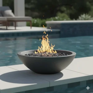 Modern, unlit gray fire bowl for pools visible in the daytime, highlighting its sleek design and placement near the water.