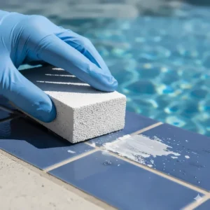 A hand gently scrubbing pool tile with a wet pumice stone, a non-chemical method for removing light calcium deposits before using a dedicated calcium remover.