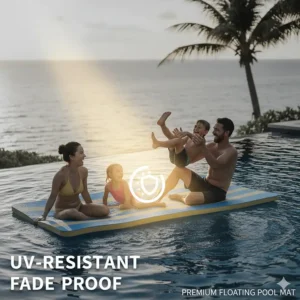 Iconographic illustration representing the UV-resistant and fade-proof properties of the premium floating pool mat material.