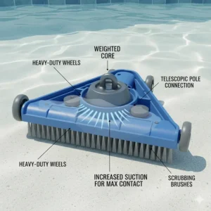 Diagram illustrating the weighted design of a pool vacuum head to ensure maximum contact with the pool floor.