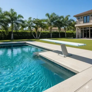 A classic white fiberglass diving board installed on a concrete deck beside a blue pool.