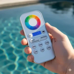 A hand holding a remote control for managing the settings of underwater lights for inground pools.