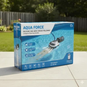 Box containing a new pressure side pool cleaner above ground with all accessories.