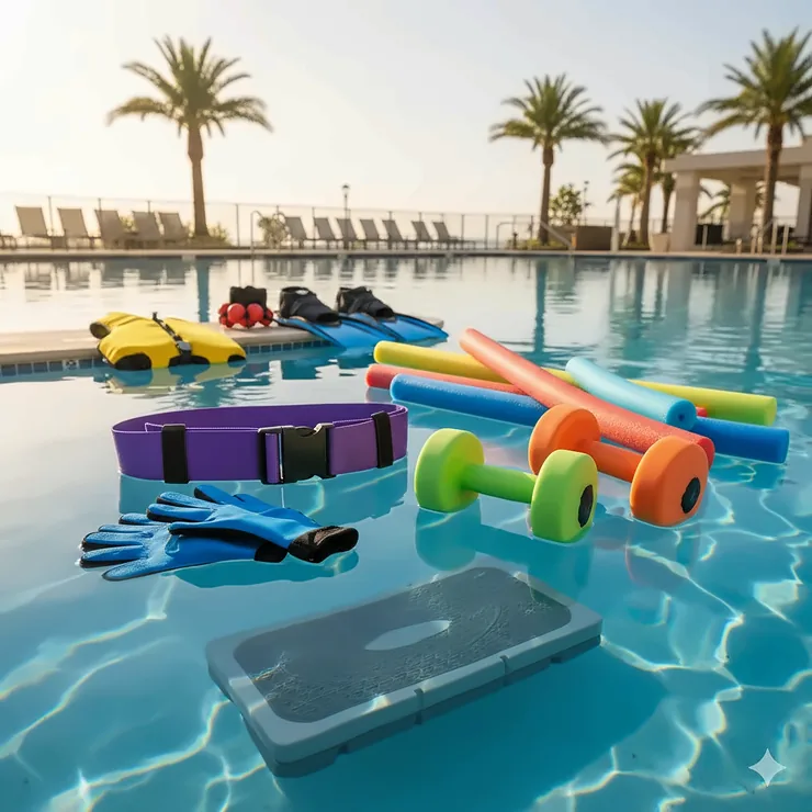 A selection of aqua fitness equipment floating in a pool, including noodles, dumbbells, and flotation belts, used for effective water aerobics training.