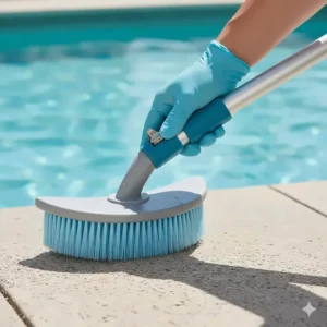 A homeowner easily attaching the pool wall brush for vinyl liner to a standard telescopic pole for extended reach.