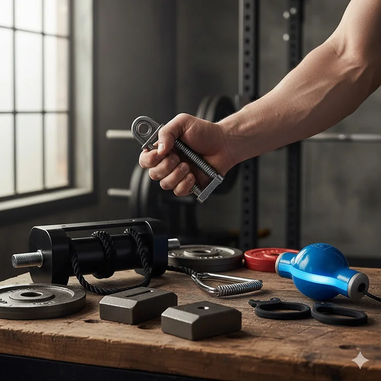 A collection of the best forearm fitness equipment, including hand grips, a wrist roller, and an adjustable resistance trainer, laid out for a complete forearm workout.