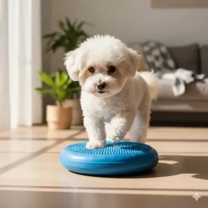 Small dog standing on a blue inflated balance disc, performing a core strengthening exercise using specialized dog fitness equipment.