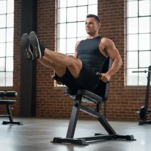 Illustration of a captain's chair or power tower, highlighting the padded armrests and back support used for vertical leg raises to target the lower abs.