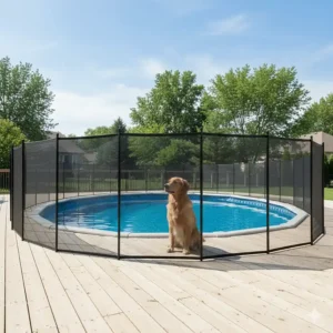 A view demonstrating how the pool safety fence creates an effective child safety barrier protecting an above ground pool area.