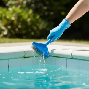A person using a specialized pool corner brush to clean algae and debris from the steps and crevices of a pool.