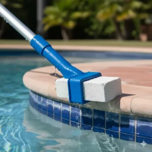 Close-up of a sturdy pumice stone holder for pool cleaning, showing the secure grip mechanism and durable construction.