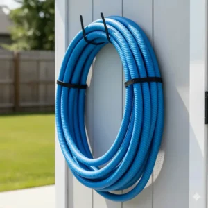 Pool vacuum hose neatly coiled and hanging on a wall for compact and tangle-free storage after use.