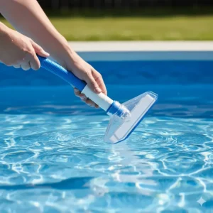 Hand connecting the end of the pool vacuum hose to an above ground pool vacuum head.