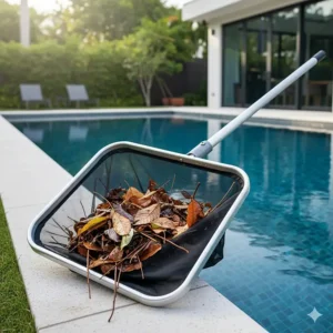 Heavy-duty deep-bag leaf rake pool skimmer net designed for collecting large amounts of leaves and debris.