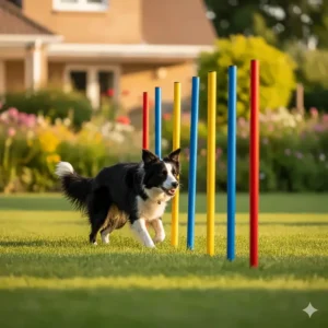 A border collie successfully navigating a set of colorful plastic weave poles, a great piece of dog fitness equipment.