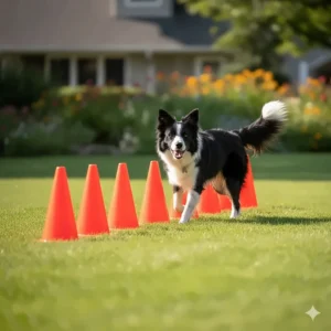 Bright orange traffic cones set up on grass, used as markers for directional training and conditioning drills.
